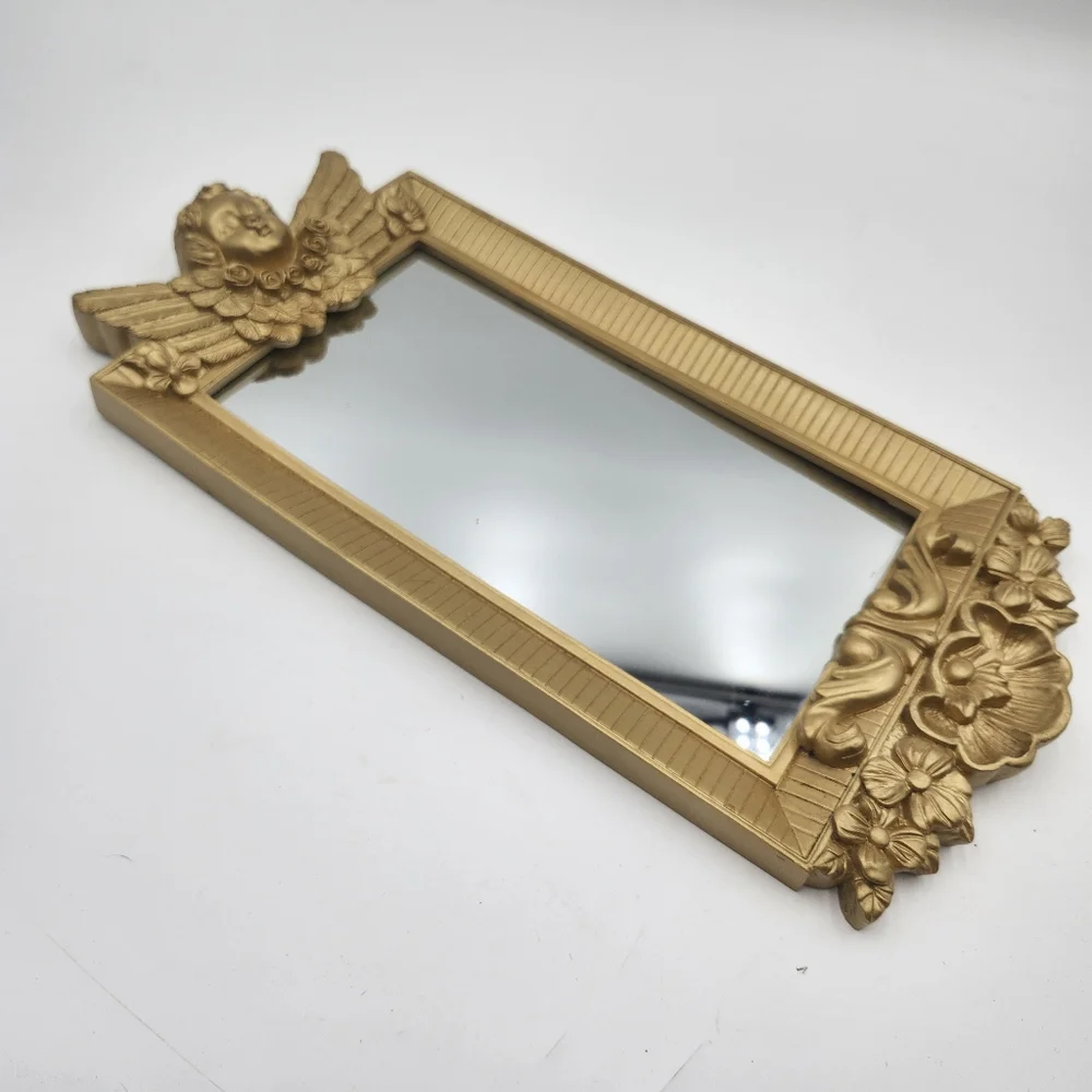 Vintage gold 80s Hollywood Regency Cherub Angel Figural Wall Mirror guilded
